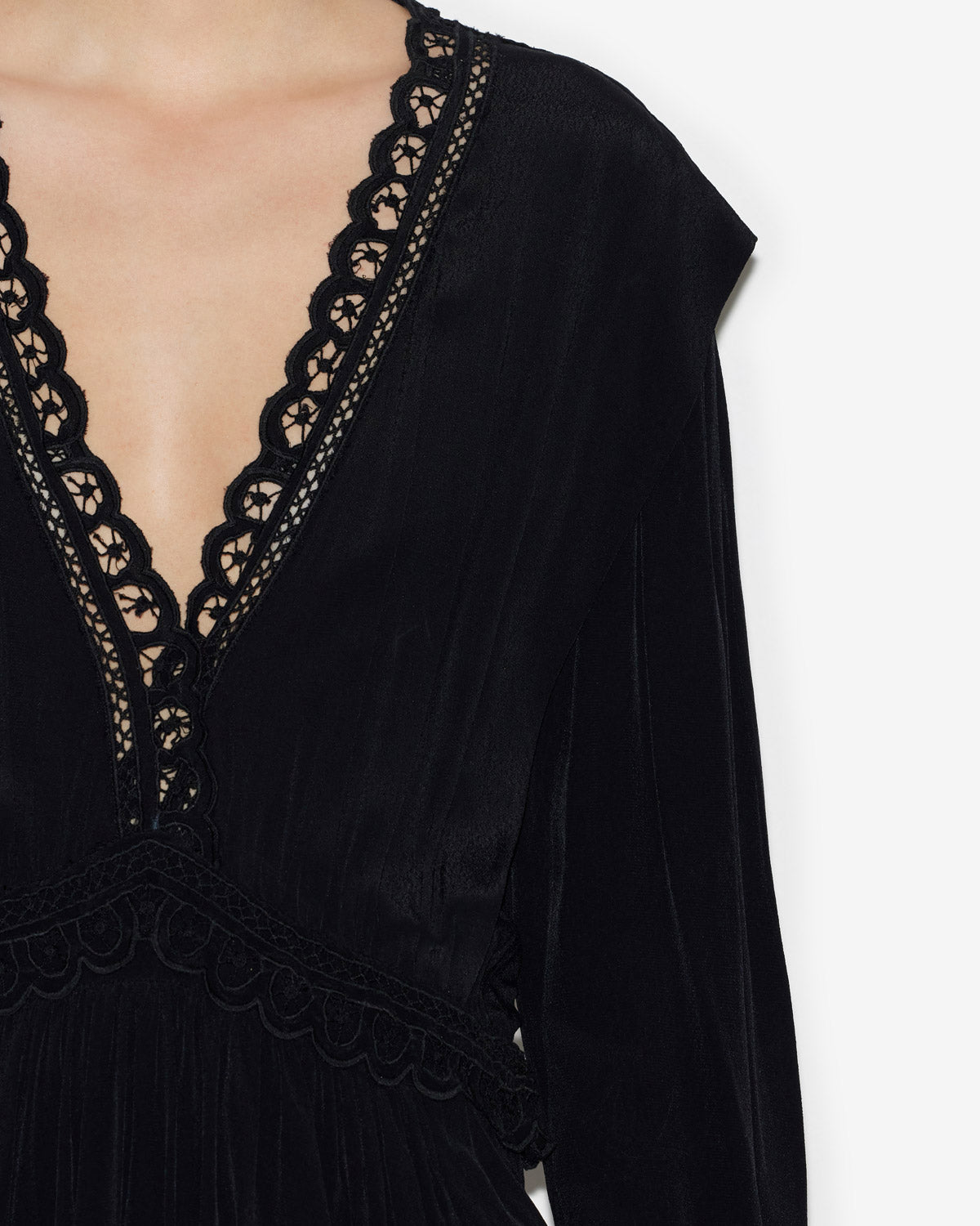 Abito felie corto in crêpe tinta unita con pizzo sangallo - Nero - Woman - 2