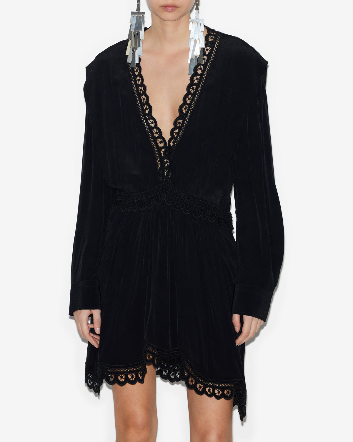 Abito felie corto in crêpe tinta unita con pizzo sangallo - Nero - Woman - 3