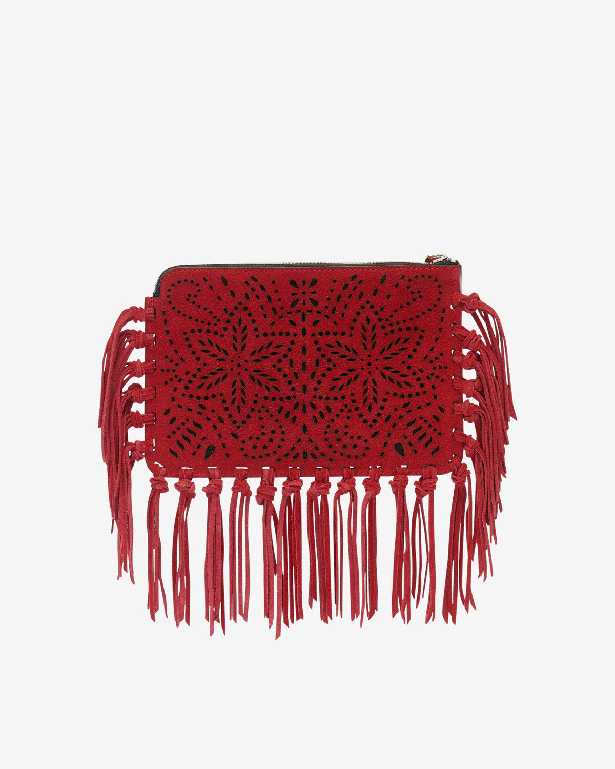Flat pouch fringed leather clutch bag - Red - Woman - 2