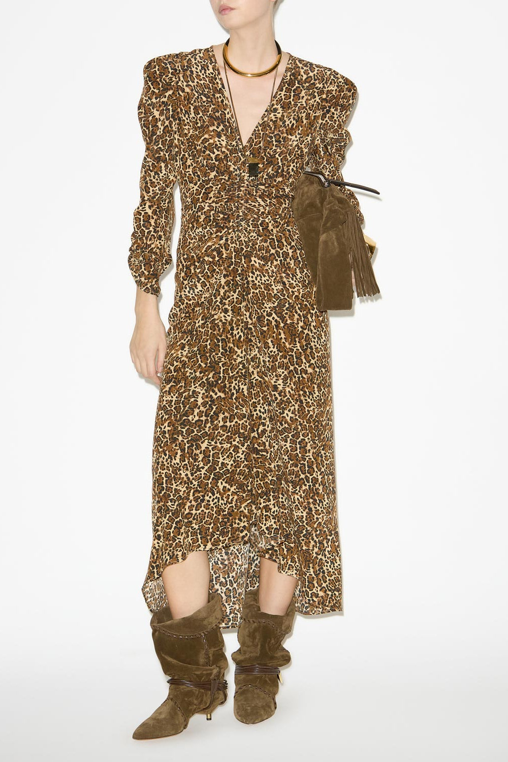 Abito albini midi arricciato in misto seta - Leopard - Woman - 2