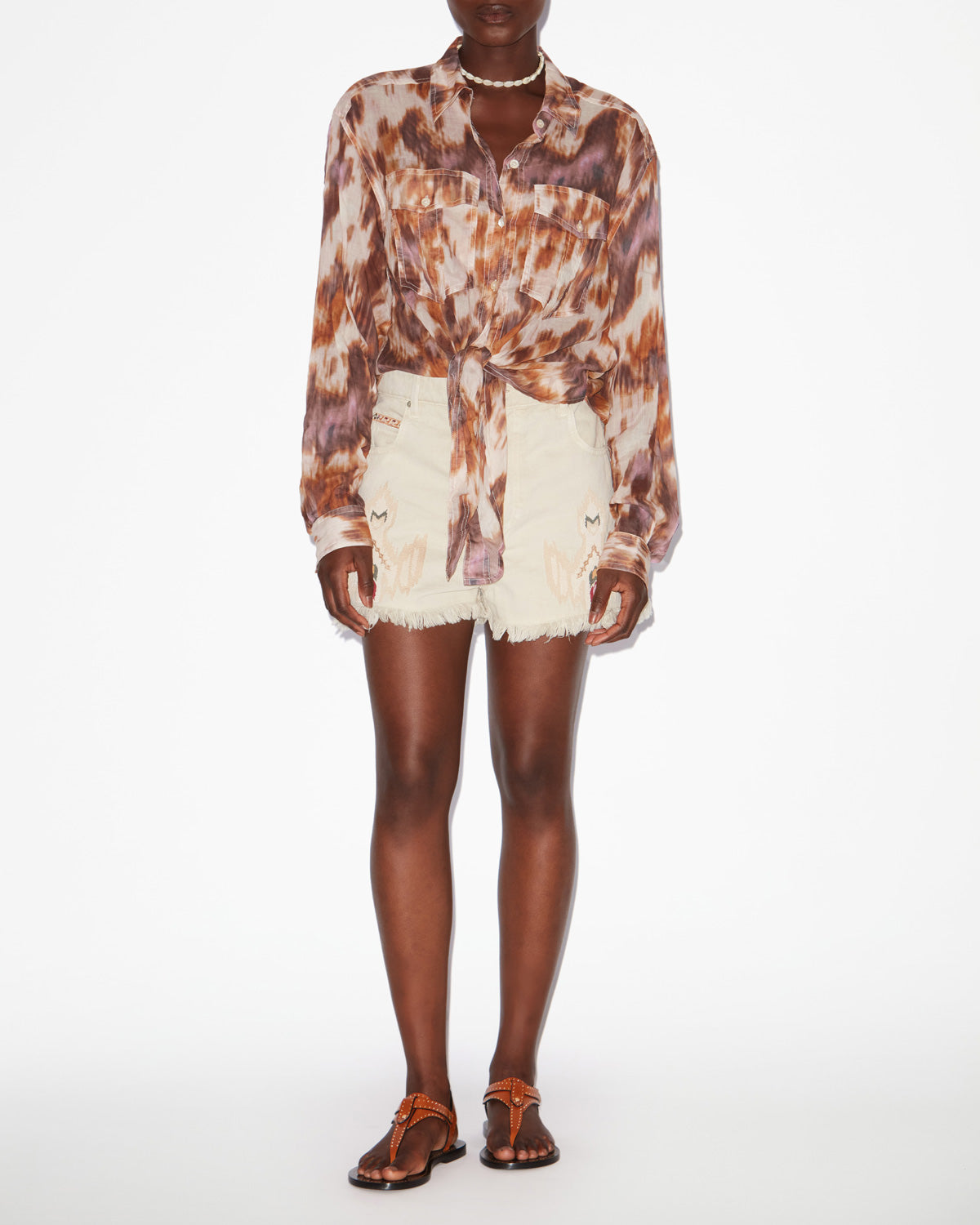 Camisa anudada de voile de algodón estampada nath - Ecru-ochre - Woman - 1