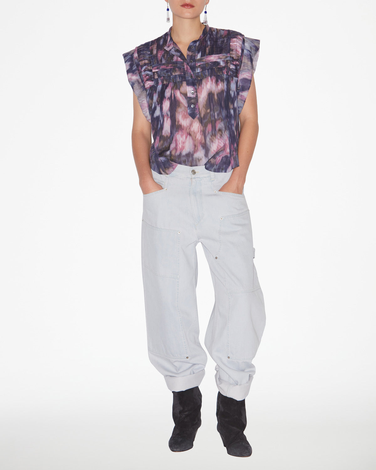 Top leaza in voile di cotone plissettato con stampa - Purple-lilac - Woman - 1