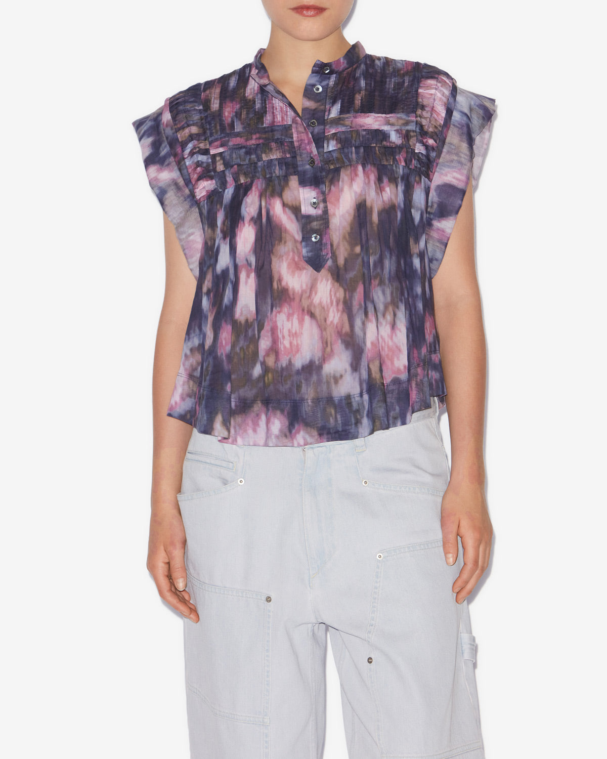 Top leaza in voile di cotone plissettato con stampa - Purple-lilac - Woman - 3