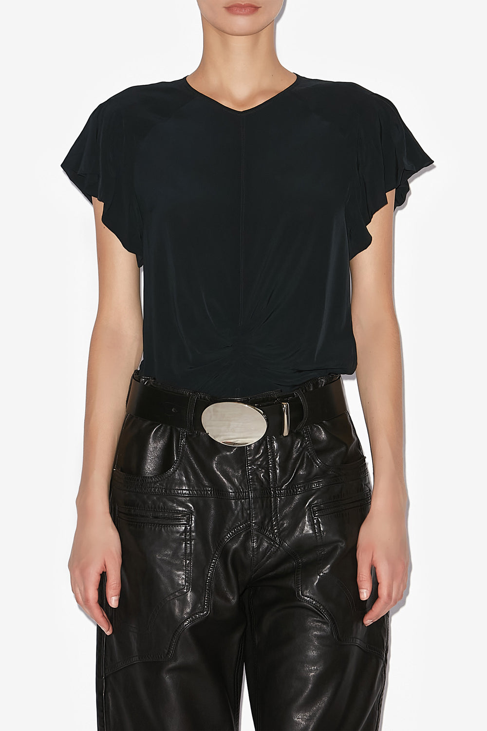 Top tullya a tinta unita con plissettatura - Nero - Woman - 4