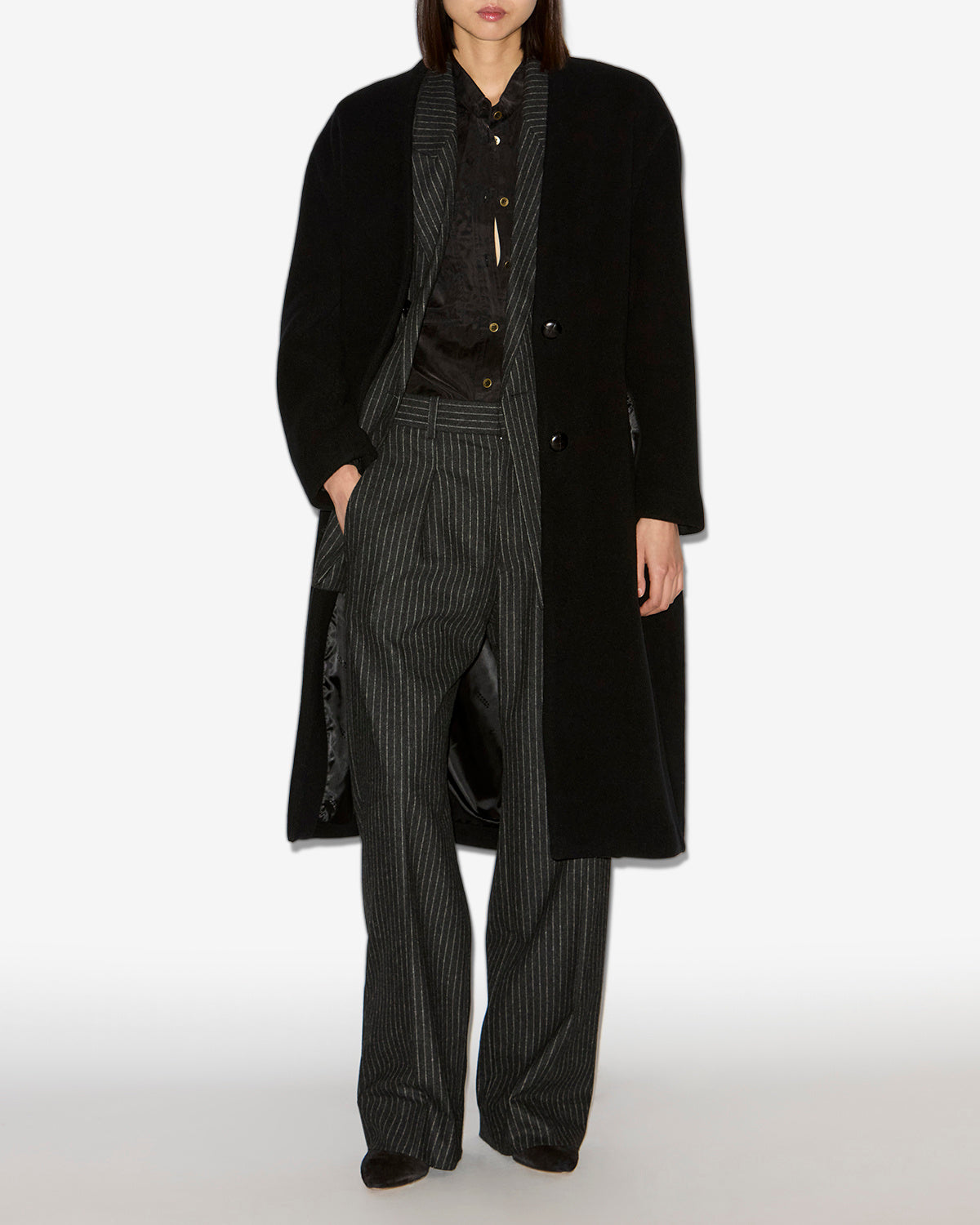 Manteau long florane en laine mélangée - Noir - Woman - 1