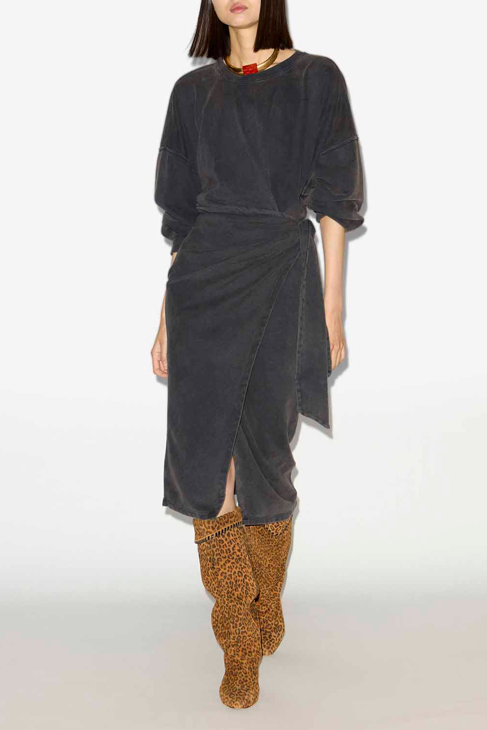 Robe sweatshirt longue sandrina drapée en jersey - Noir délavé - Woman - 2