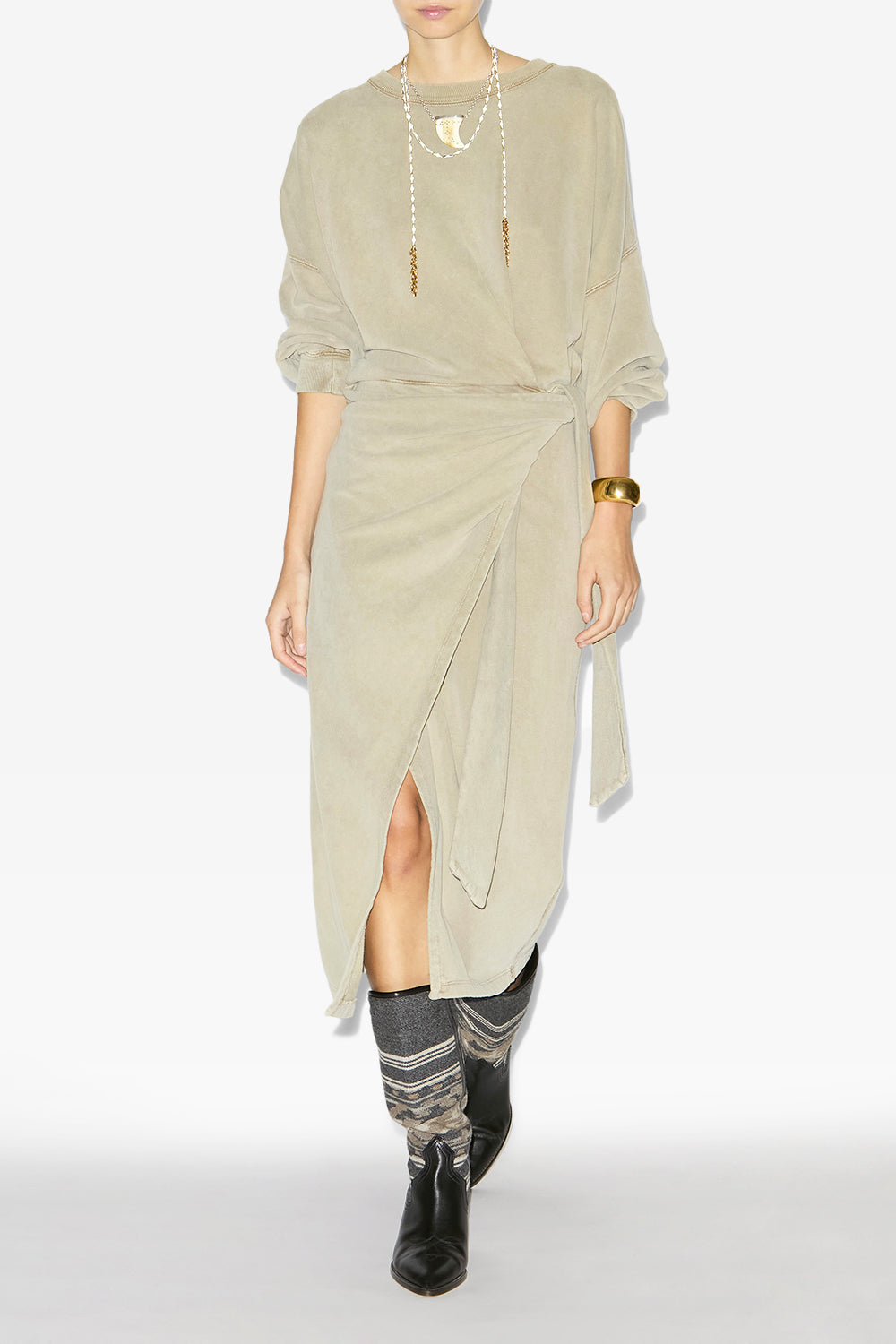 Abito felpa lungo sandrina drappeggiato in jersey - Light khaki - Woman - 2