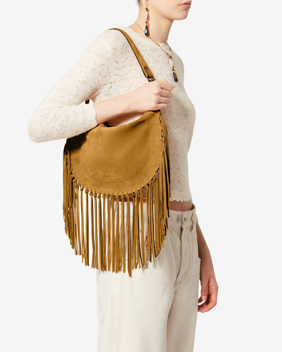 Borsetta in pelle di vitello scamosciata con frange oskan hobo zip - Saffron - Woman - 7