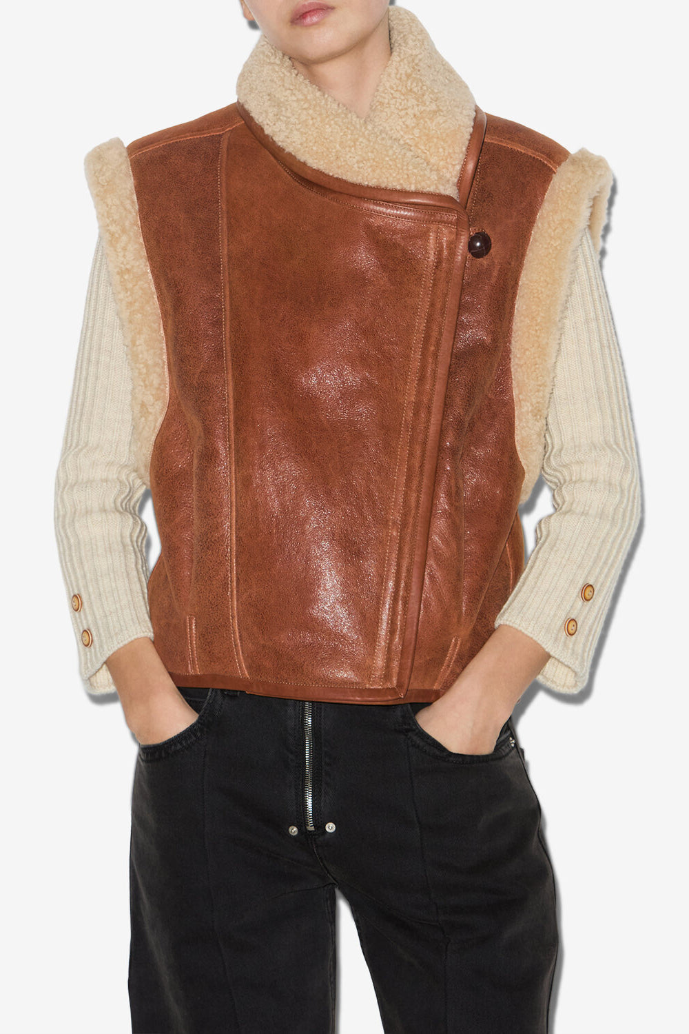 Gilet sans manches peau lainée retournée alime - Cognac - Woman - 4