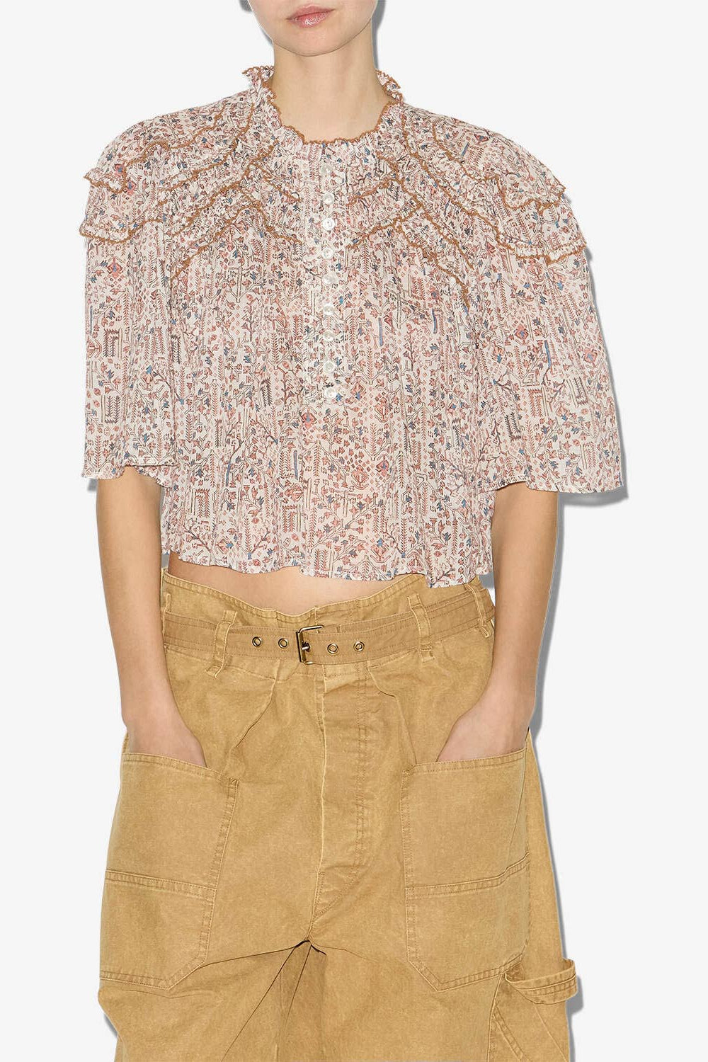 Carmen printed and gathered cotton voile top - Ecru - Woman - 3