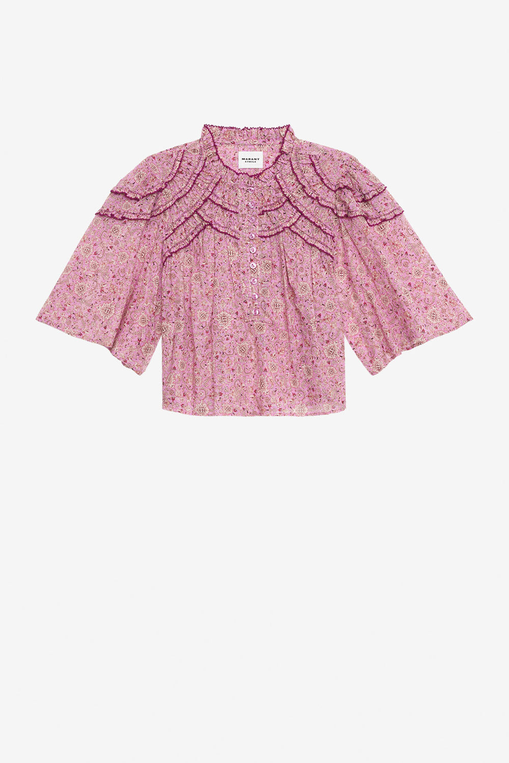Top carmen en voile de coton froncé et imprimé - Rose - Woman - 1