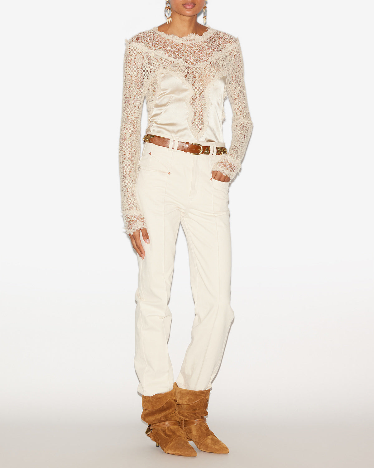 Top diem in raso e pizzo - Champagne - Woman - 1