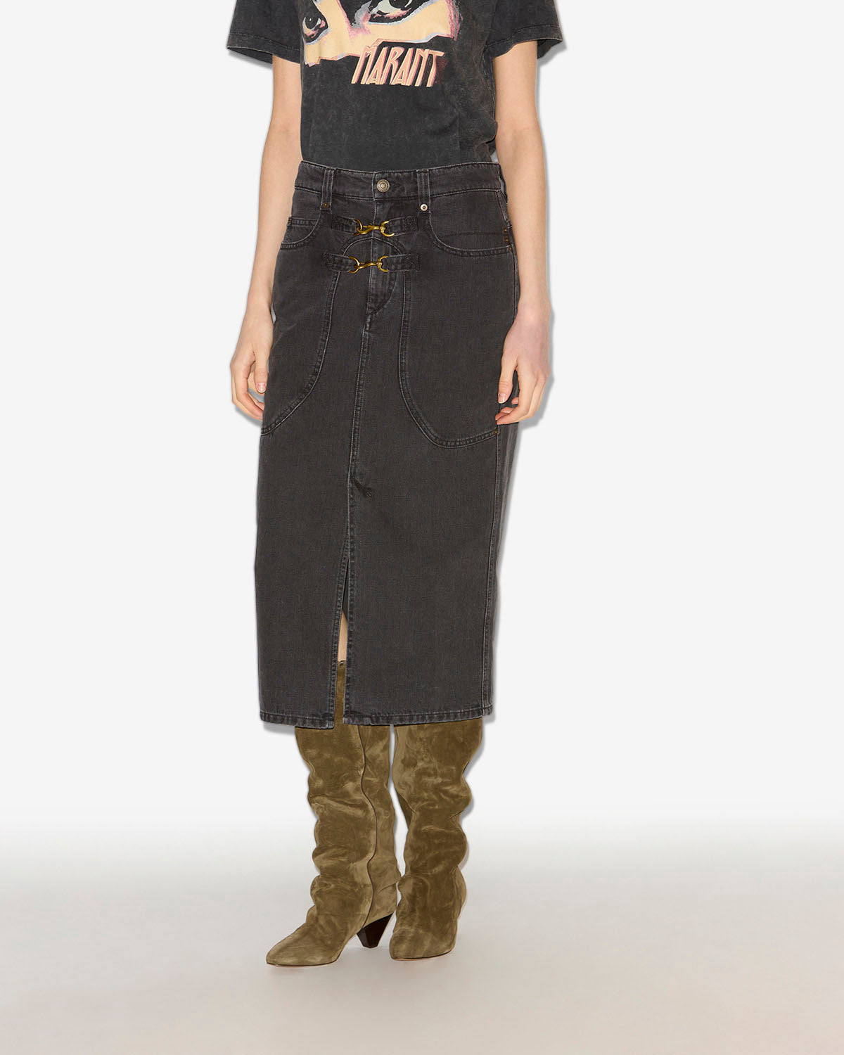 Gonna pavina in denim con moschettoni - Nero lavato - Woman - 3