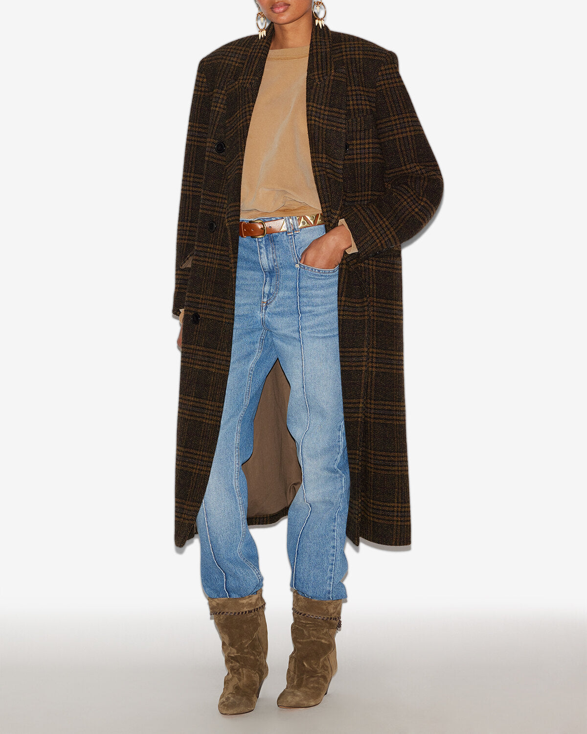 Manteau long lexana en laine à carreaux  - Kaki - Woman - 1