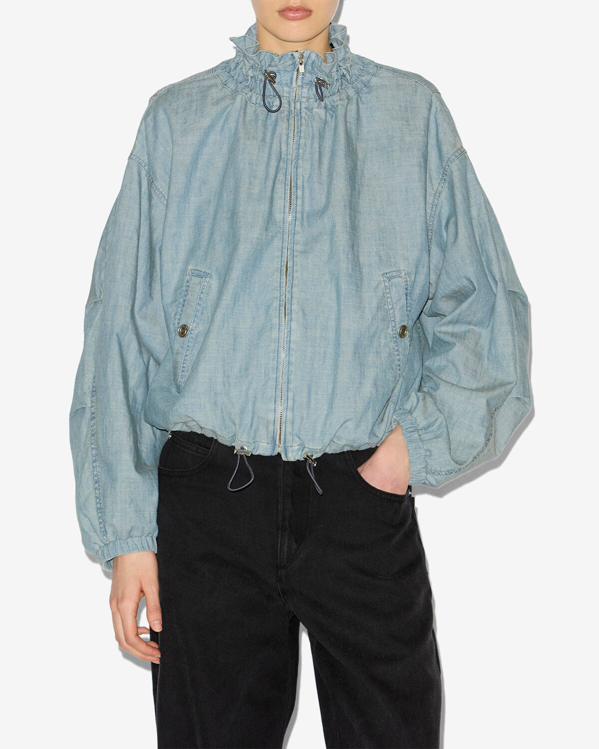 Veste courte plume en chambray  - Bleu - Woman - 3