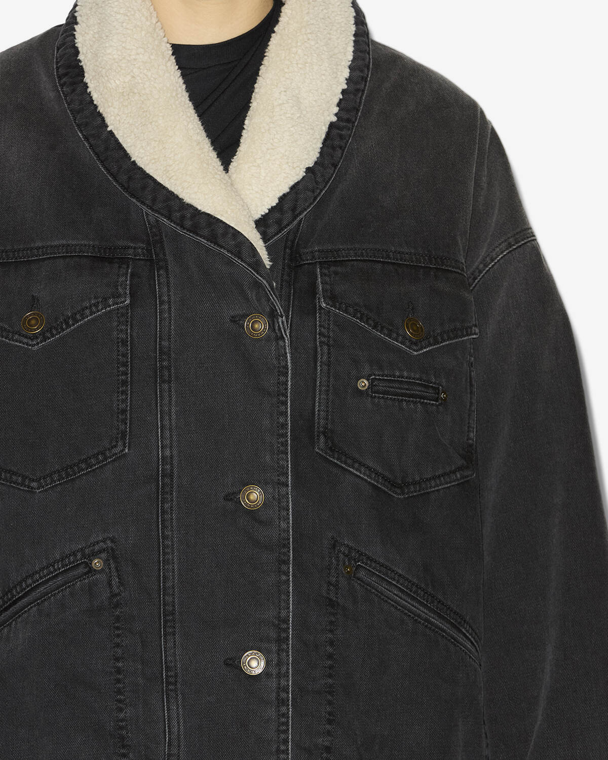 Chaqueta pimia de denim y pelo sintético - Negro lavado - Woman - 2