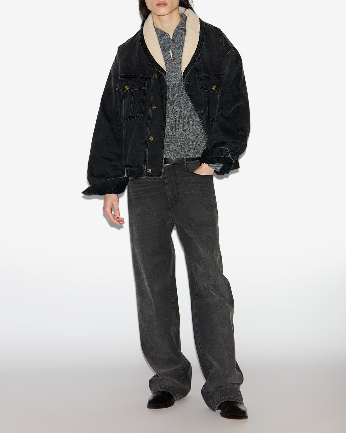 Giacca jackson in denim ed ecopelliccia - Nero lavato - Man - 1