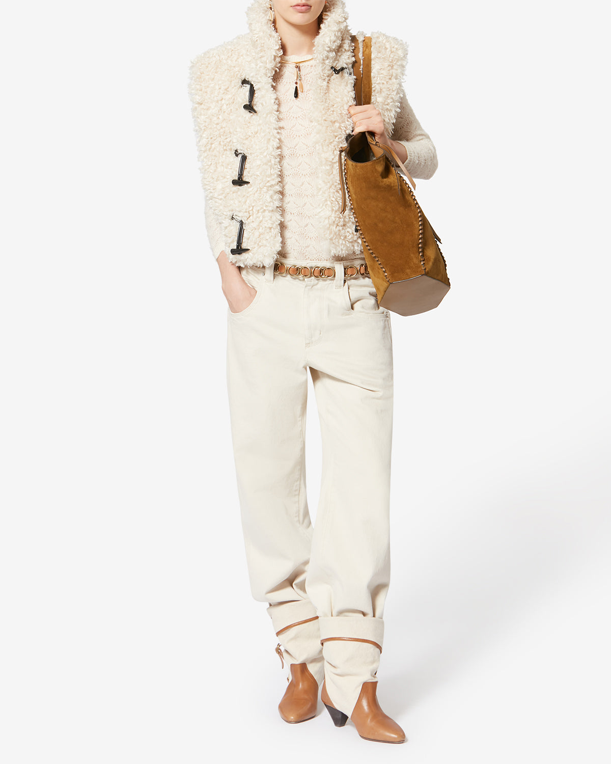 Suede leather tote bag - Cognac - Woman - 5