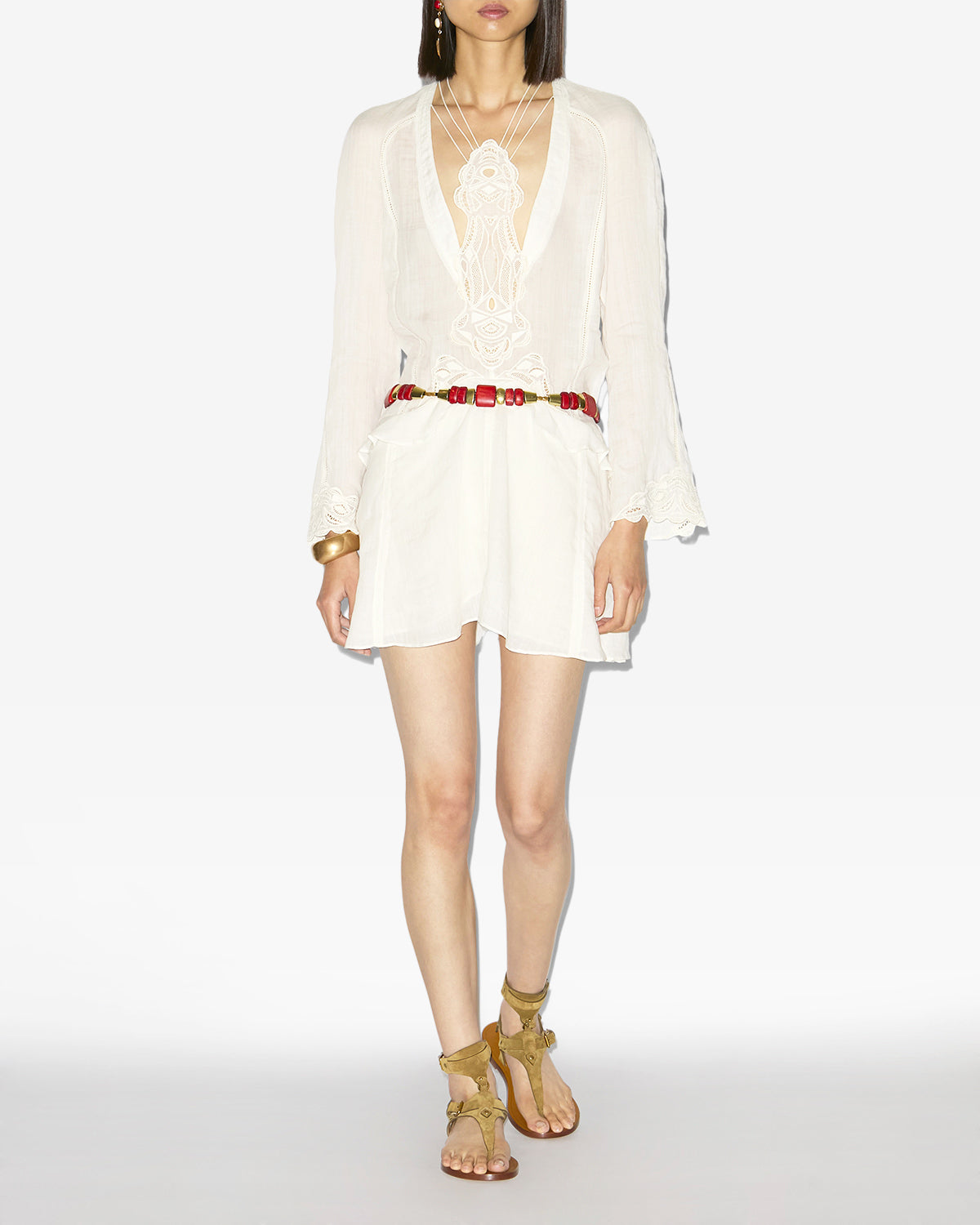 Abito corto liya in ramiè con ricami - Ecru - Woman - 1