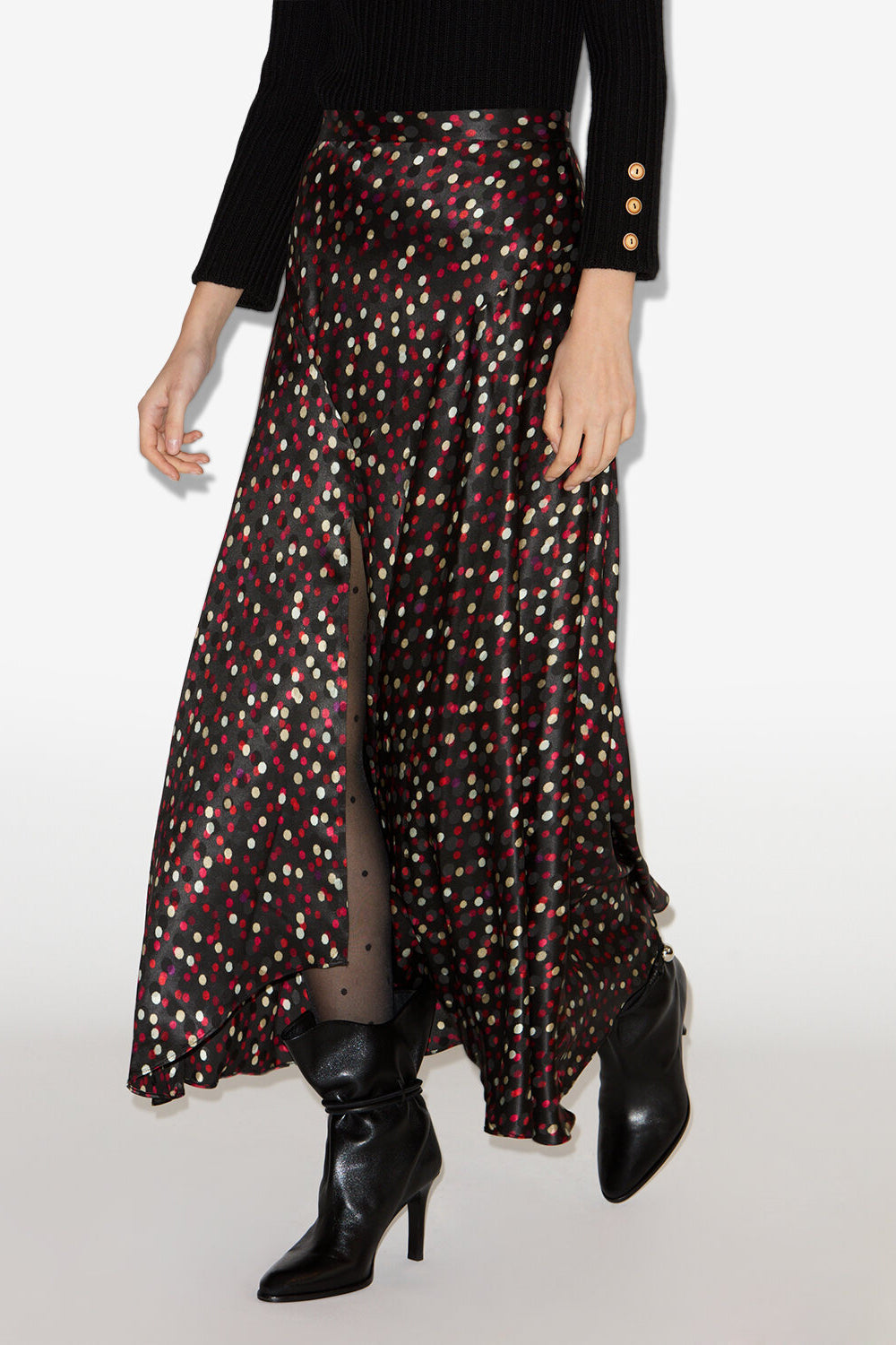 Falda larga de seda estampada sakura - Black-red - Woman - 4