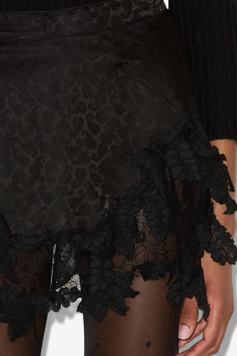 Falda corta de seda reana con guipur - Negro - Woman - 3