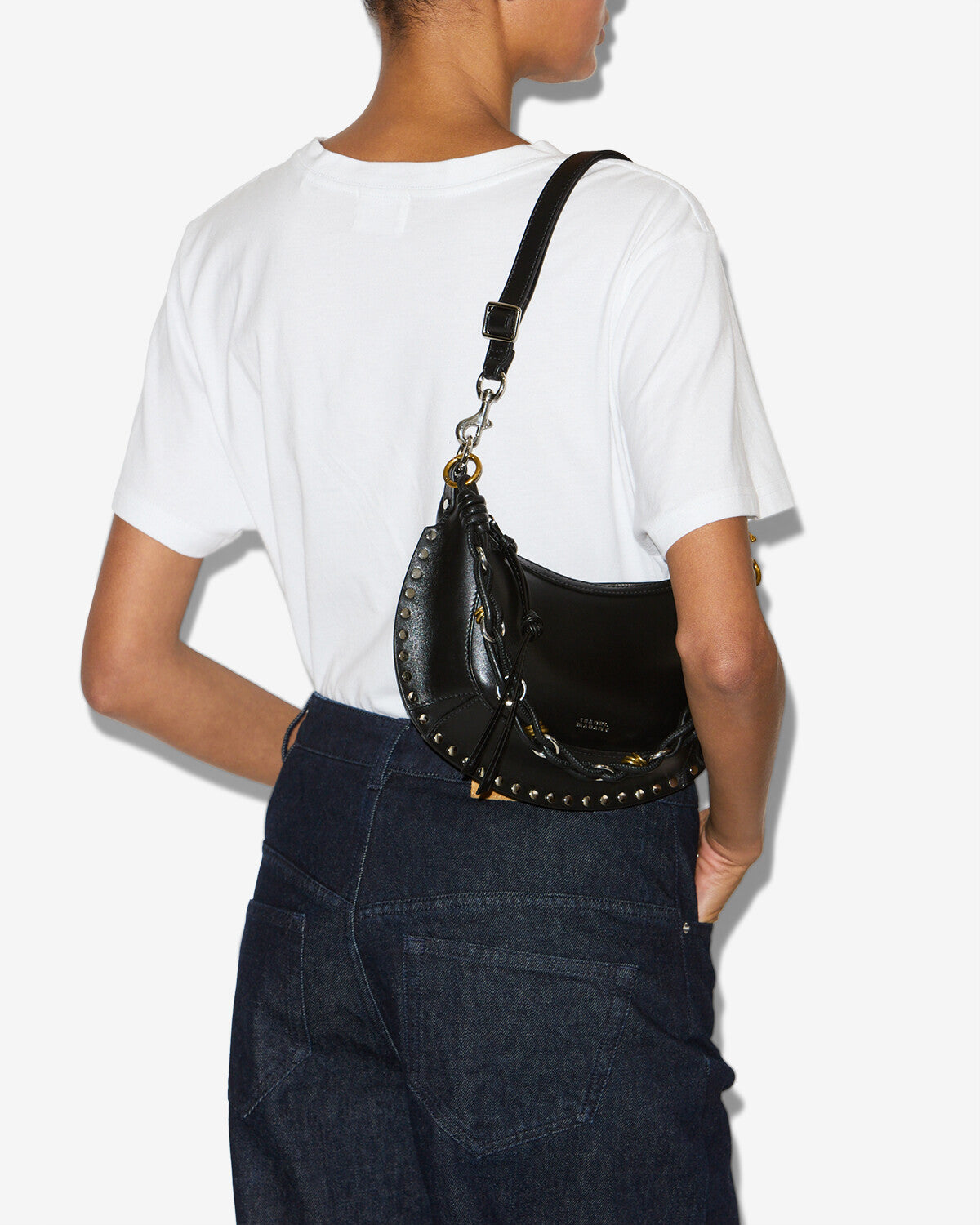 Oskan moon shoulder bag in soft leather - Black and silver - Woman - 4