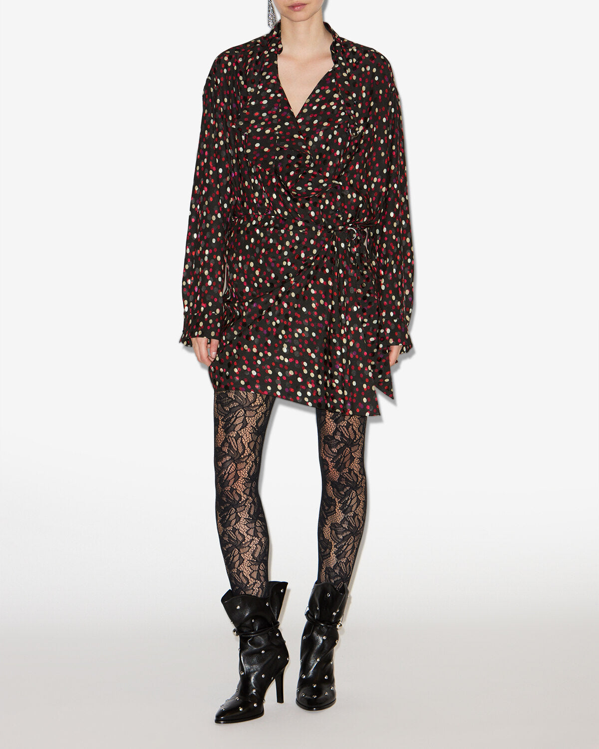 Ora draped silk polka dot print dress - Black-red - Woman - 1