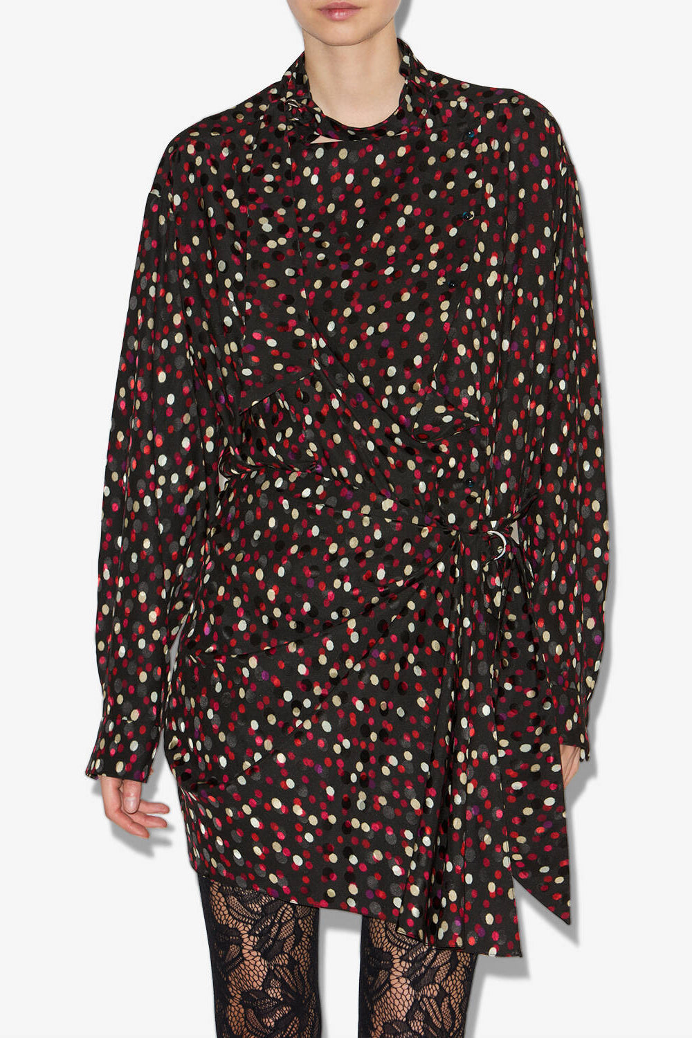 Vestido drapeado de seda con estampado de lunares ora - Black-red - Woman - 4