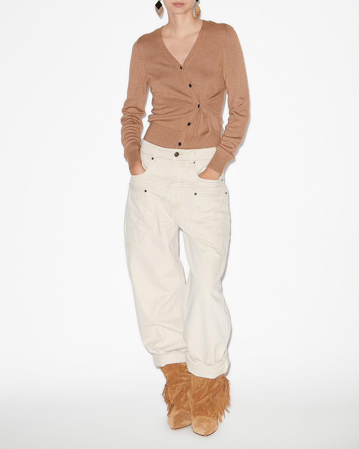 Cardigan carline in maglia intrecciata - Camel - Woman - 1