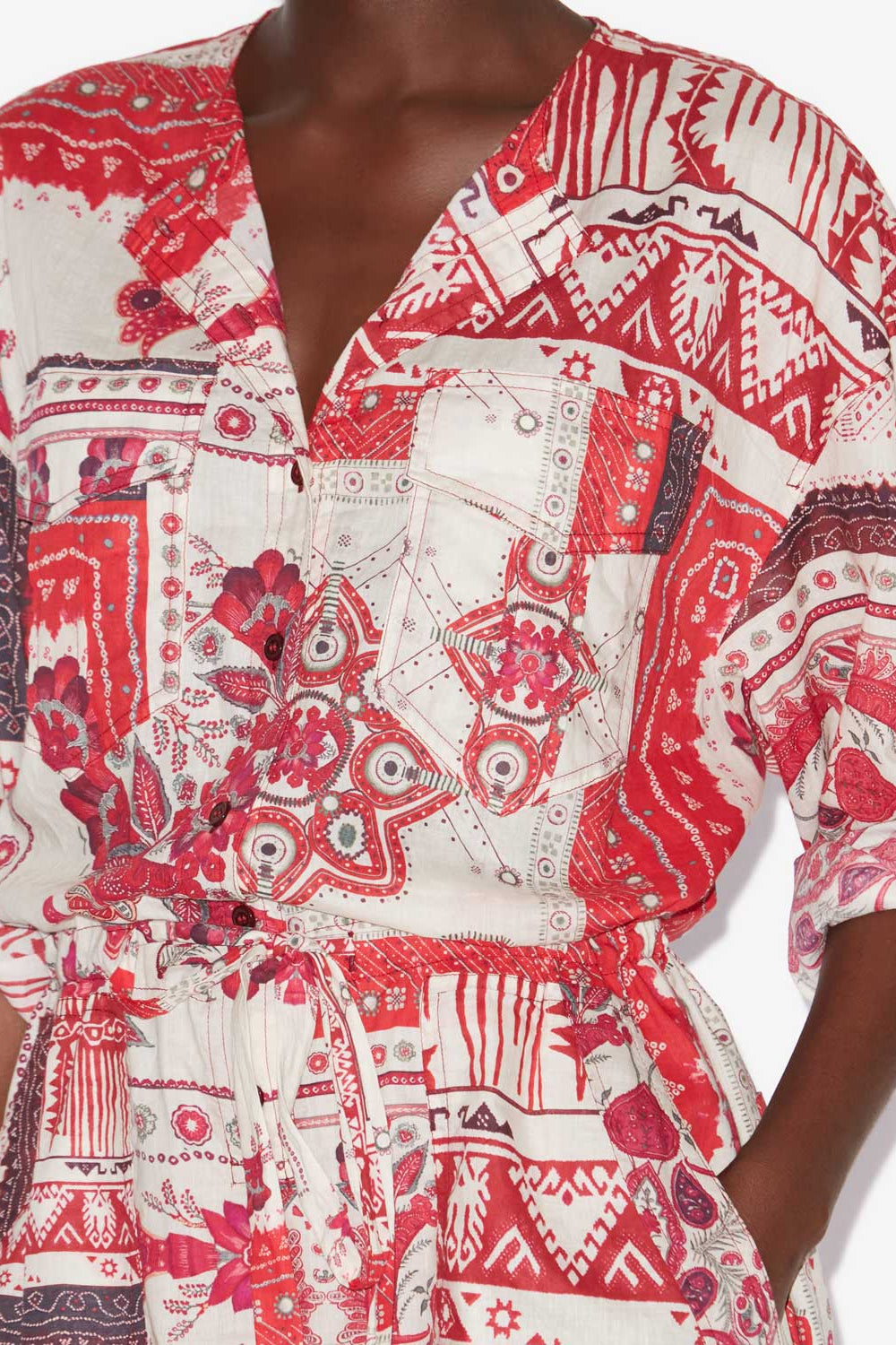 Niely printed cotton voile playsuit - Red and ecru - Woman - 3