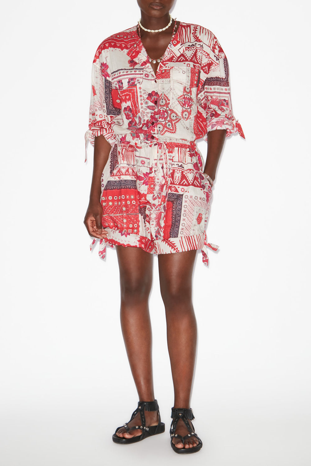 Niely printed cotton voile playsuit - Red and ecru - Woman - 2