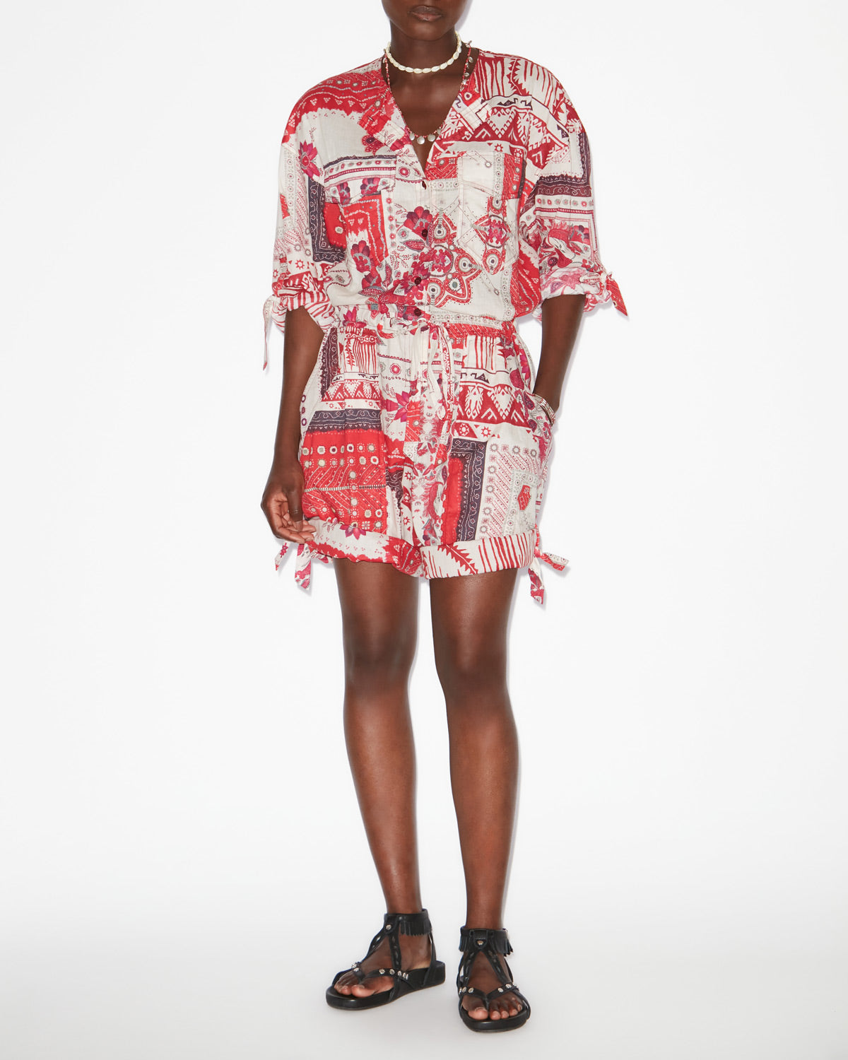 Mono corto de gasa de algodón estampado niely - Red and ecru - Woman - 1