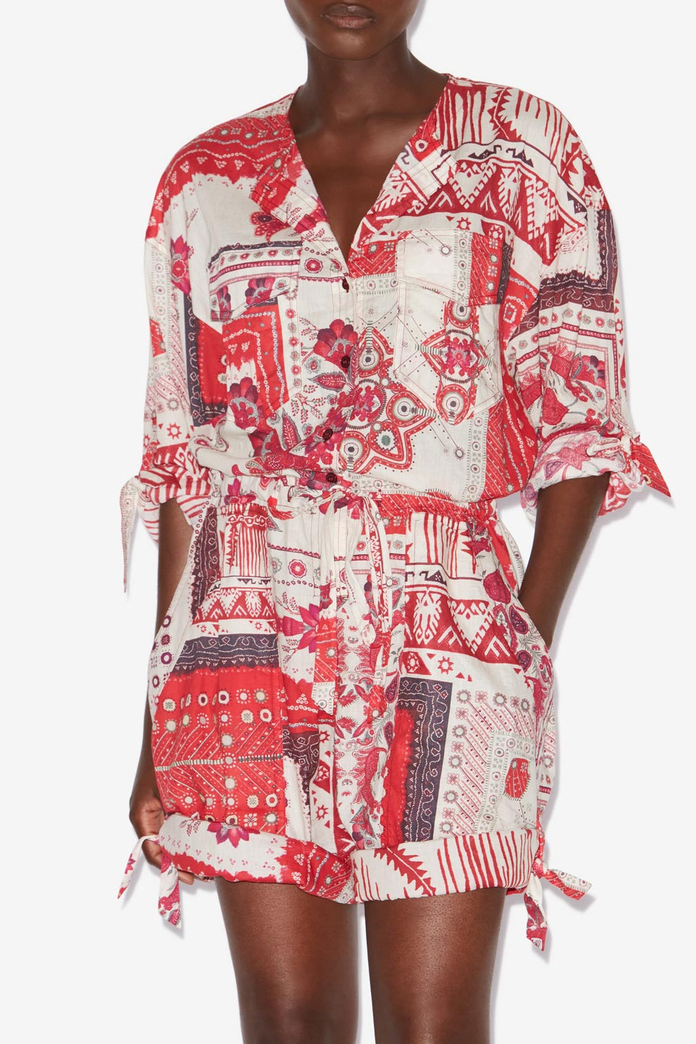 Niely printed cotton voile playsuit - Red and ecru - Woman - 4