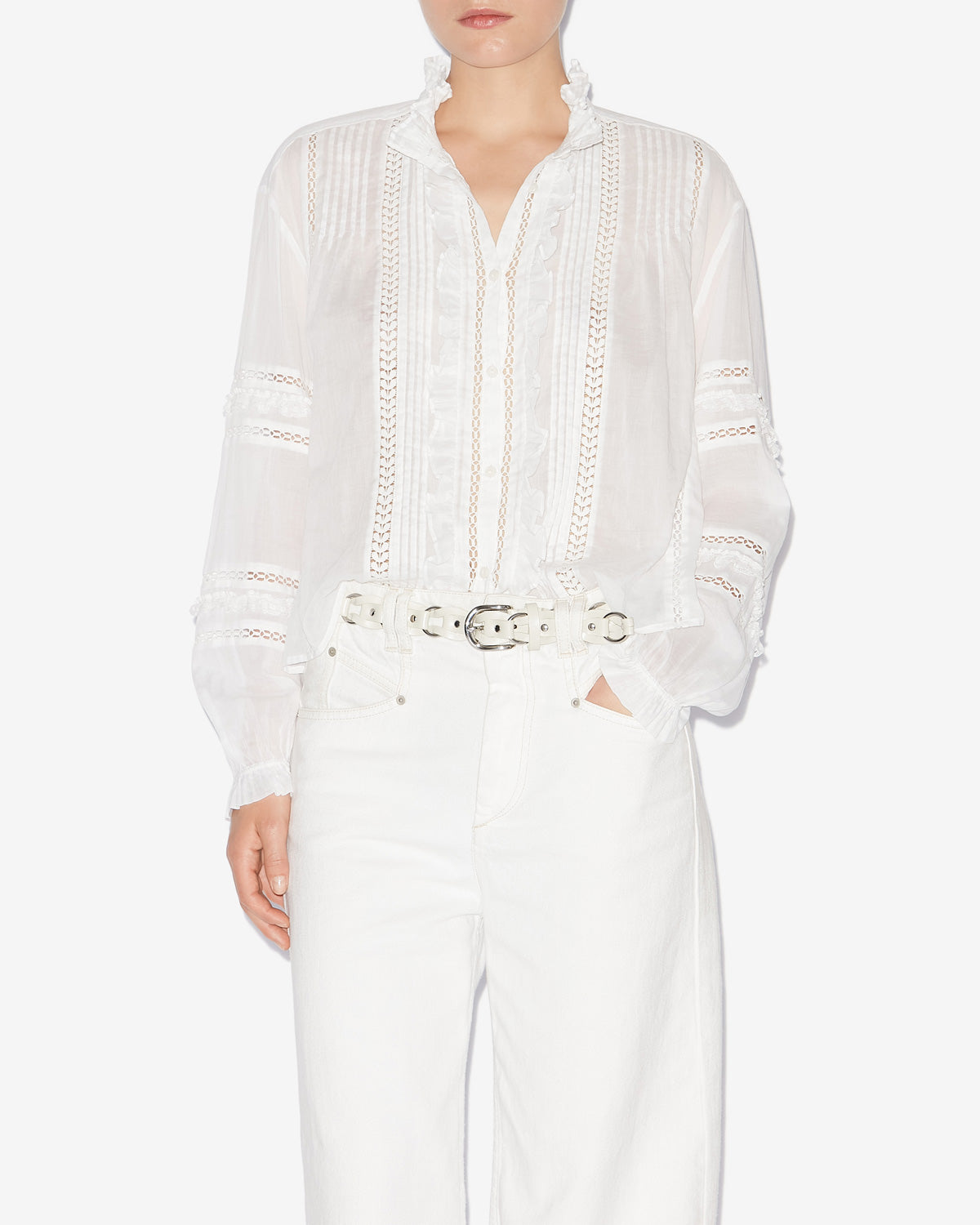 Camicia valda in voile di cotone finemente lavorato - Bianco - Woman - 3