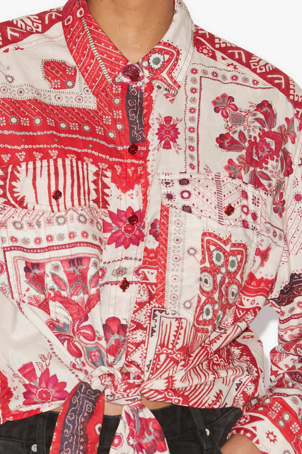 Chemise nathy nouée en voile de coton imprimé - Rouge et écru - Woman - 3