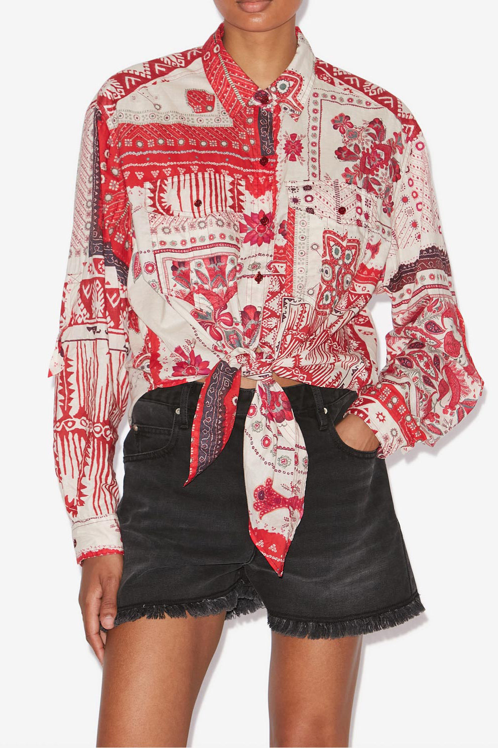 Chemise nathy nouée en voile de coton imprimé - Rouge et écru - Woman - 4