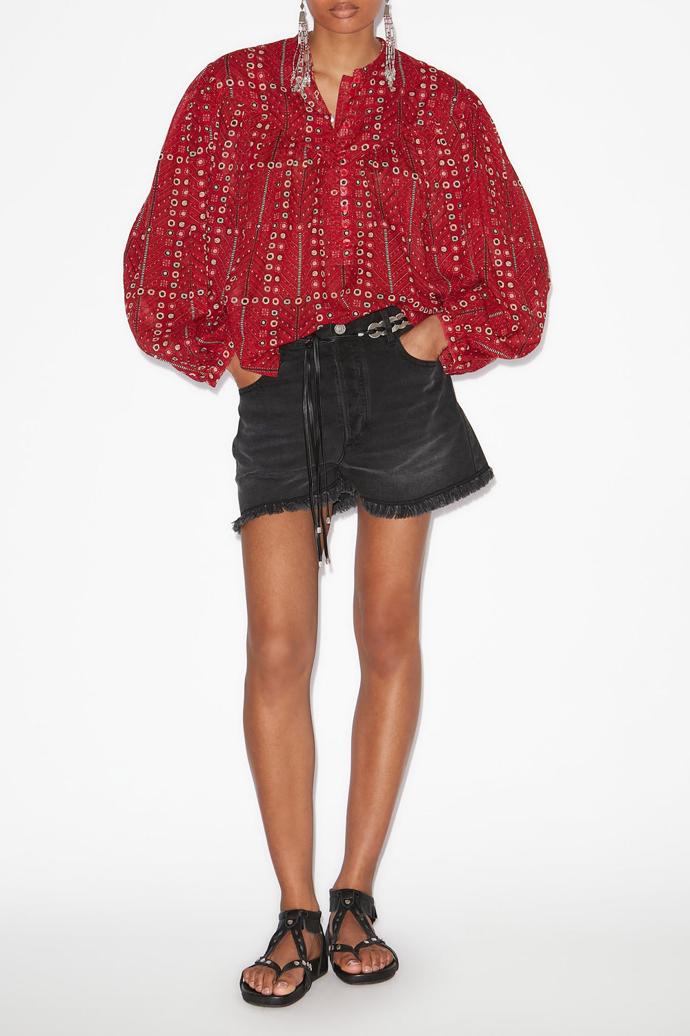 Blouse salika en voile de coton imprimé et froncé - Rouge - Woman - 2
