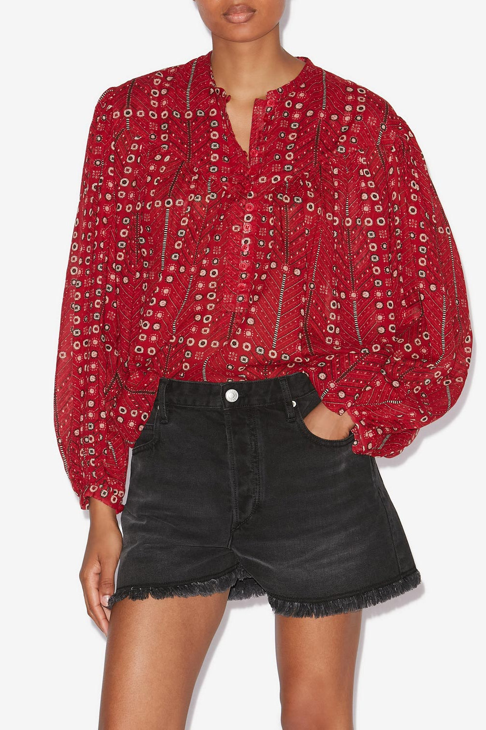 Blouse salika en voile de coton imprimé et froncé - Rouge - Woman - 4