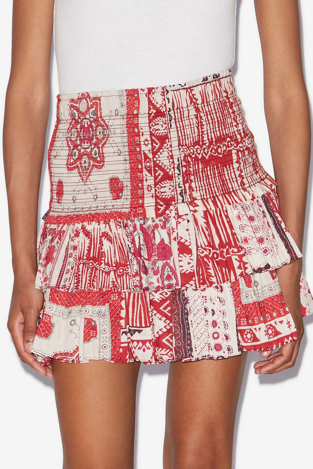 Jupe naomi en voile de coton smocké imprimé bandana - Rouge et écru - Woman - 4