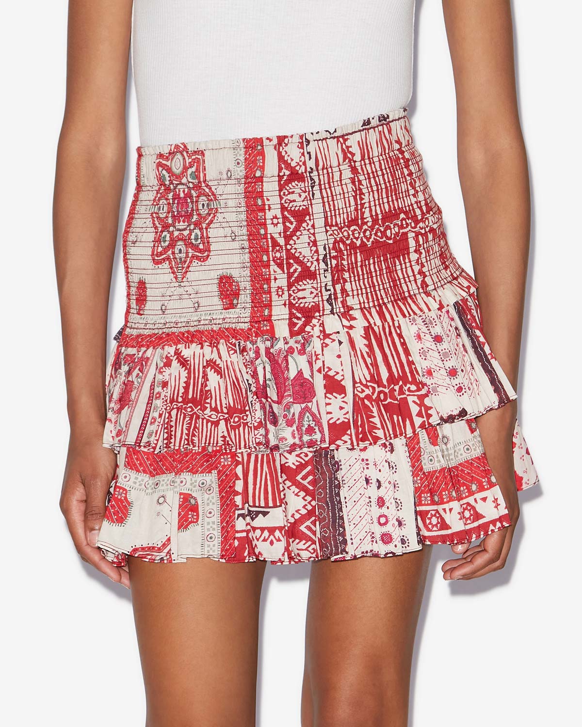 Gonna naomi in voile di cotone con stampa a bandana e punto smock - Red and ecru - Woman - 3