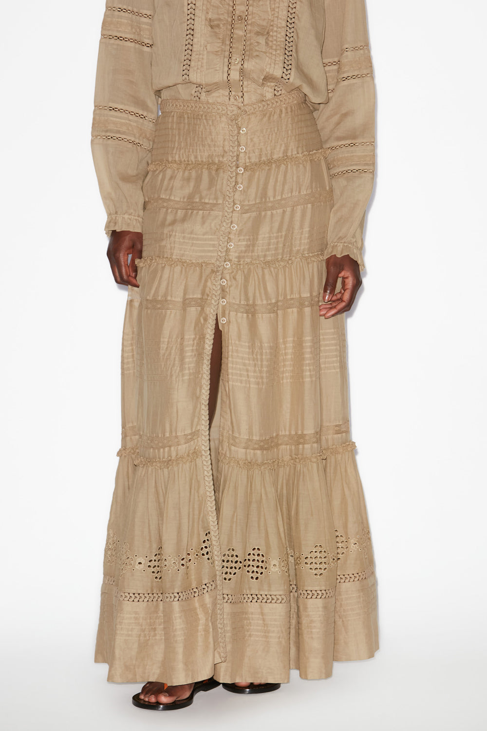 Gonna lunga dusta in voile di cotone finemente lavorato - Light khaki - Woman - 4