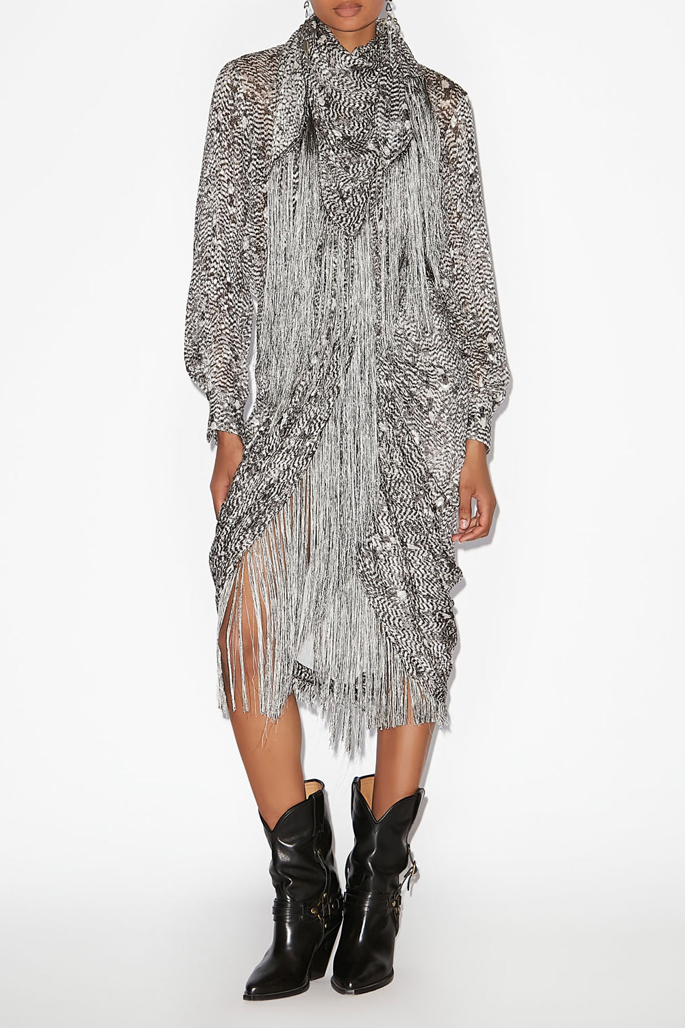 Gonna drappeggiata roany in velluto dévoré con frange - Black and ecru - Woman - 2