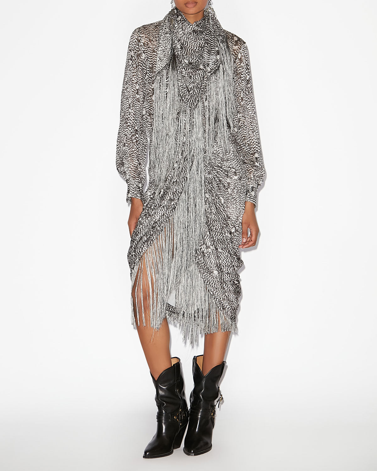 Jupe drapée roany en velours dévoré à franges - Noir et écru - Woman - 1