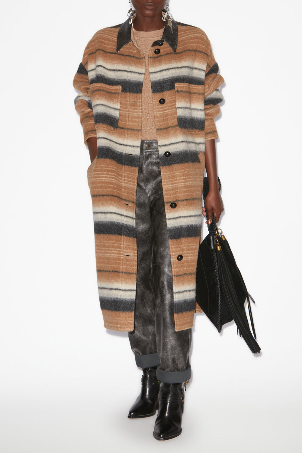 Manteau surchemise long djila en laine rayée - Camel - Woman - 2