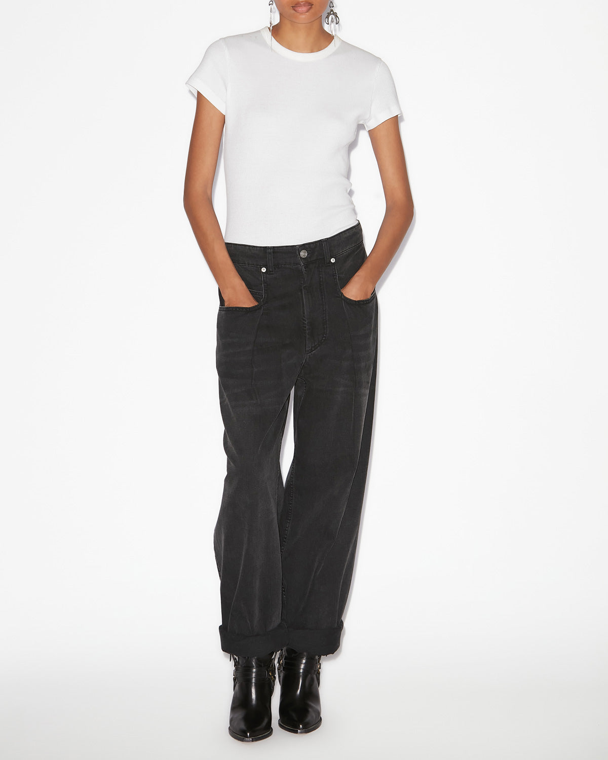 Jeans a gamba larga con plissettatura rachelle in denim - Nero lavato - Woman - 1