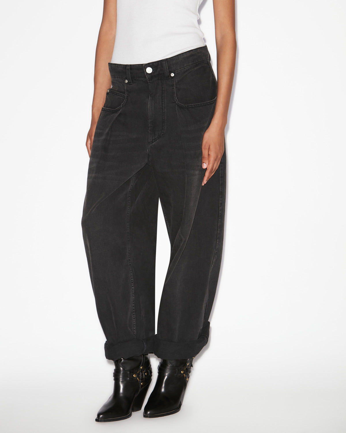 Jeans a gamba larga con plissettatura rachelle in denim - Nero lavato - Woman - 3
