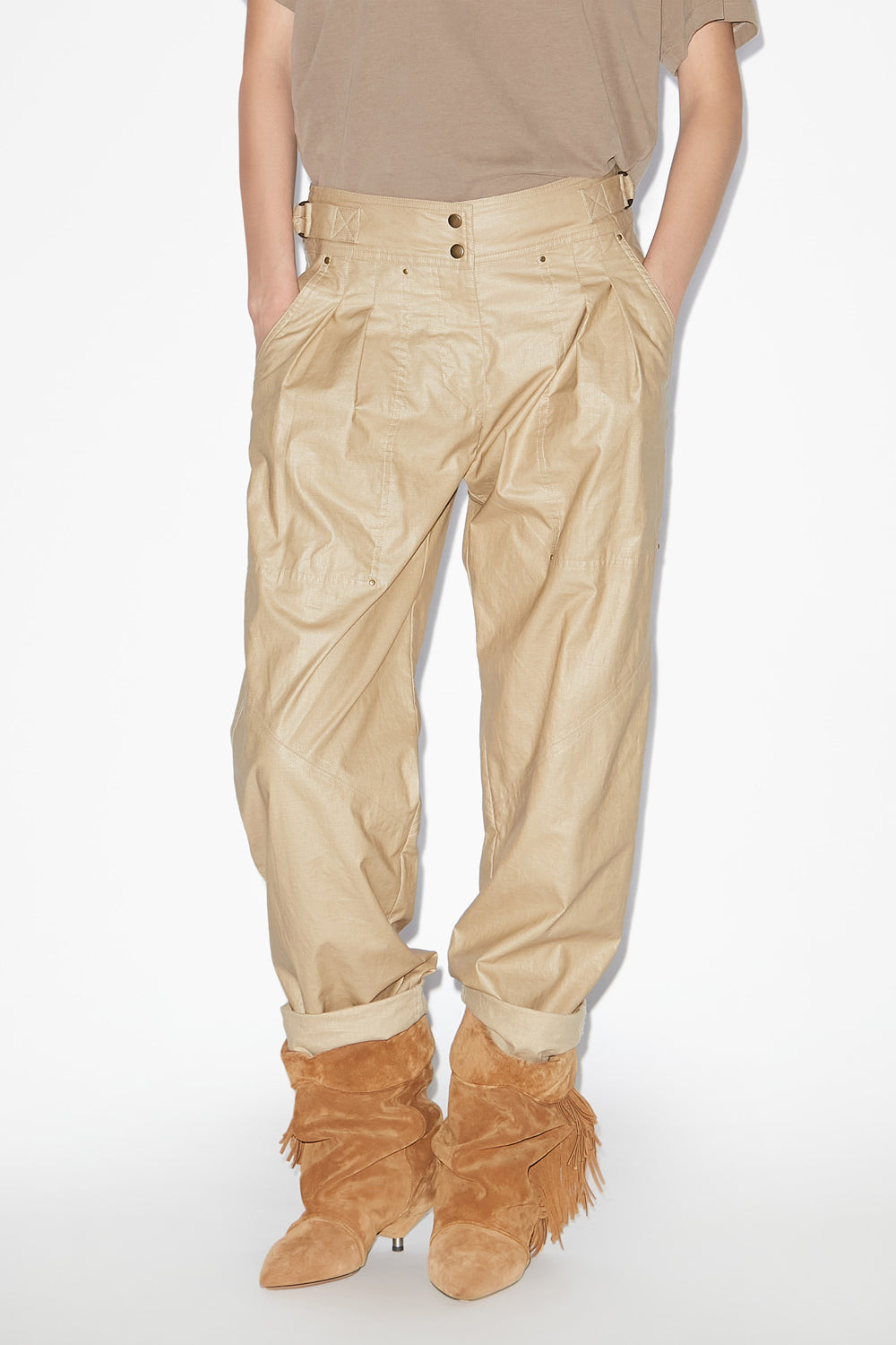 피지 코팅 리넨 스트레이트 팬츠 - 베이지색 - Woman - 4