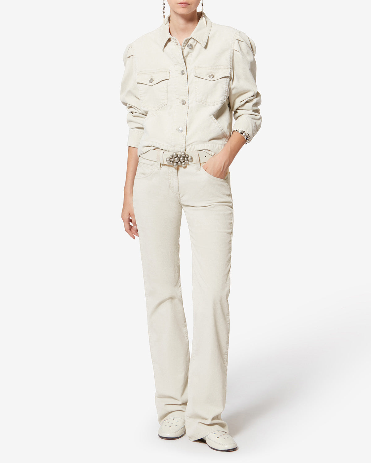 Pantalon bootcut kelly en velours côtelé lavé - Écru - Woman - 1