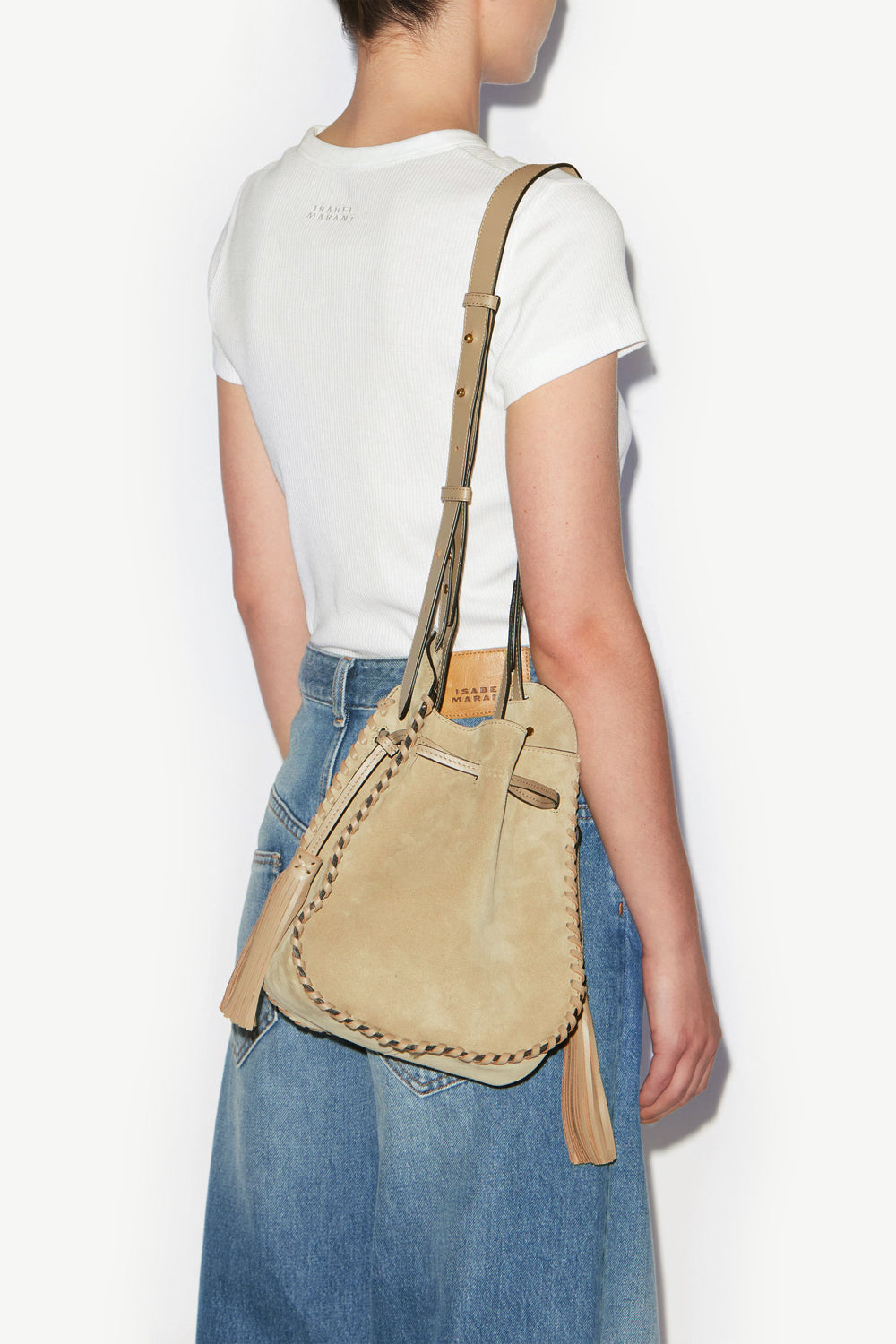 Borsa a secchiello silao in pelle di vitello scamosciata intrecciata - Light beige - Woman - 2