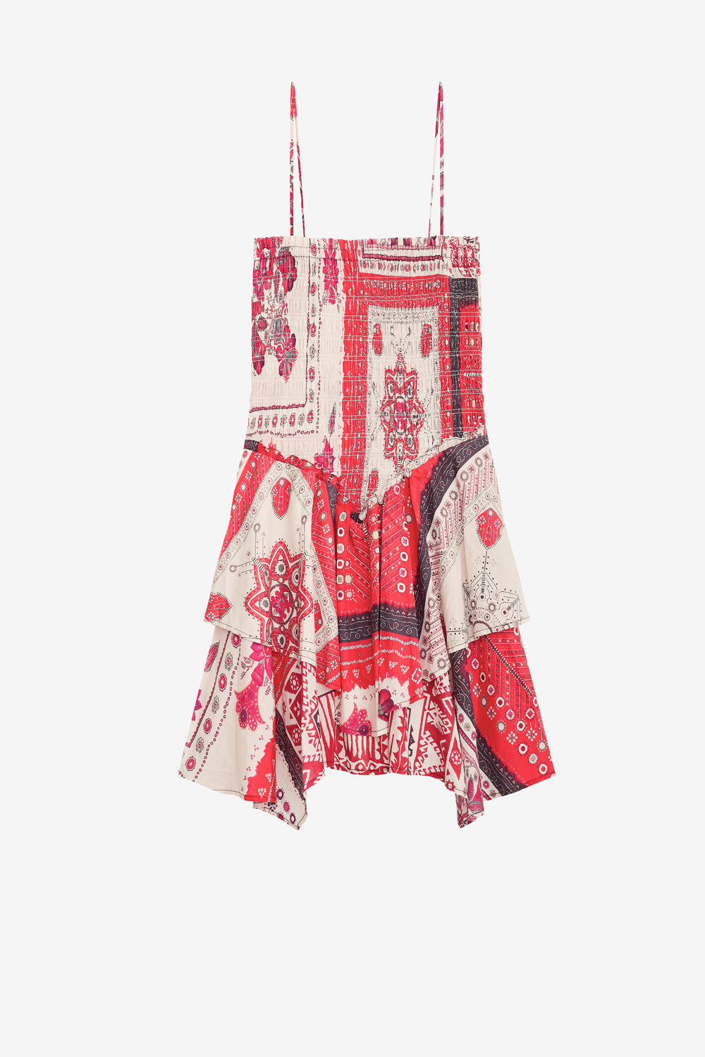Robe anka smockée en voile de coton imprimé - Rouge et écru - Woman - 1